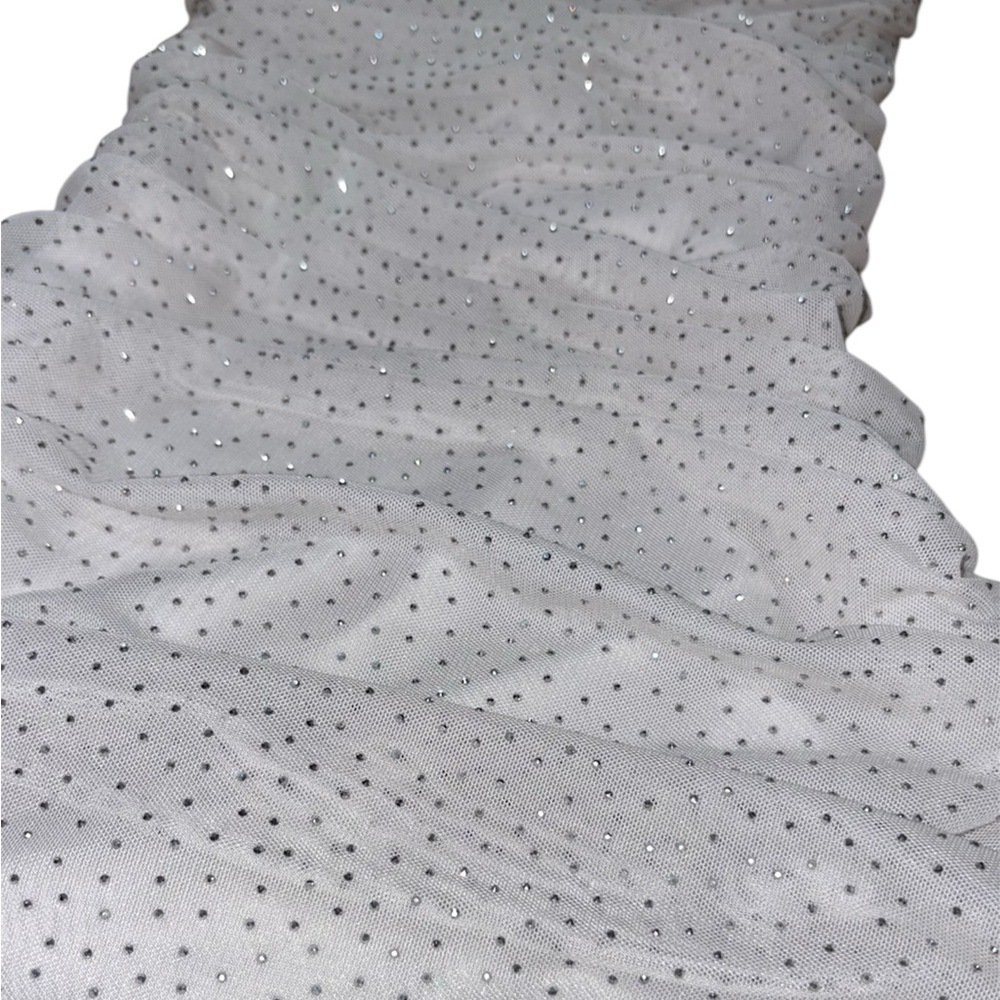 White Ruched Form Fitting Rhinestone Sparkle Mini Dress - Picture 2 of 5